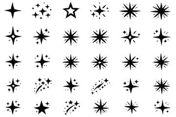 Minimalist black line art vector icon set of various stars and sparkles, elegant designs including simple stars, twinkling stars with dots, burst stars, shooting stars with trails, solid filled stars, © Top