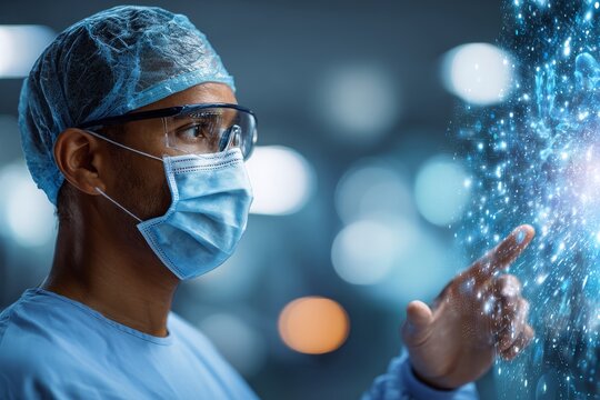 Healthcare professional in surgical attire interacts with glowing digital interface, symbolizing integration advanced technology in modern medicine. Futuristic innovation meets healthcare expertise