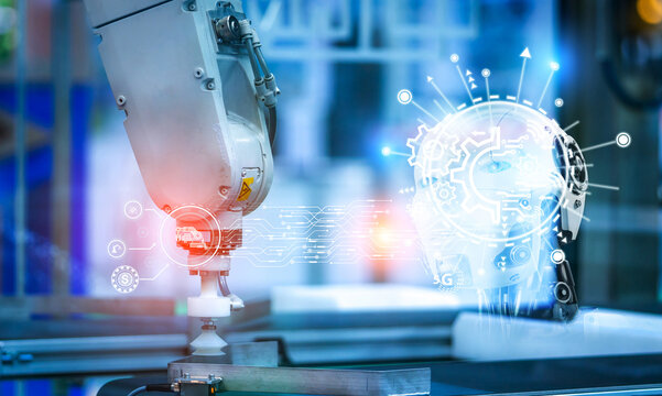 Robot hand machine control by AI in manufacturing industry. AI-powered automation. Automatic robotic arm in factory. AI-controlled for intelligent manufacturing. AI-driven automation. Sovereign AI.