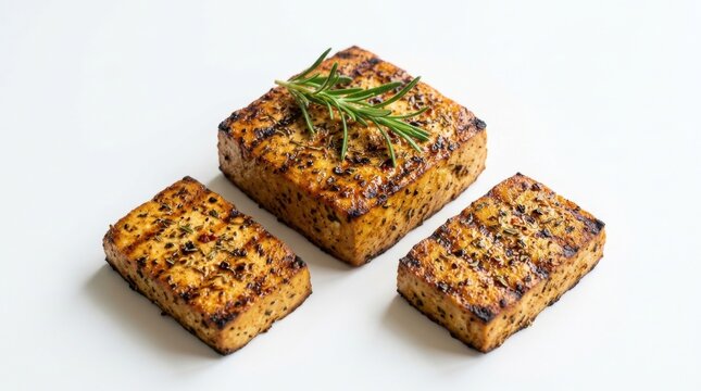 Three pieces grilled tofu white background hallumi cheese against a backdrop