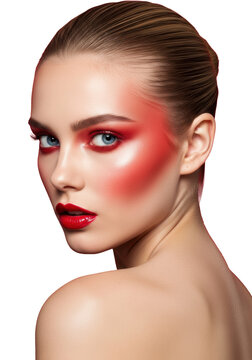 extreme close-up studio portrait of a glamorous young caucasian woman (early 20s) with sleek blonde hair, high-gloss red makeup, and piercing blue eyes under dramatic hard light, against a seamless