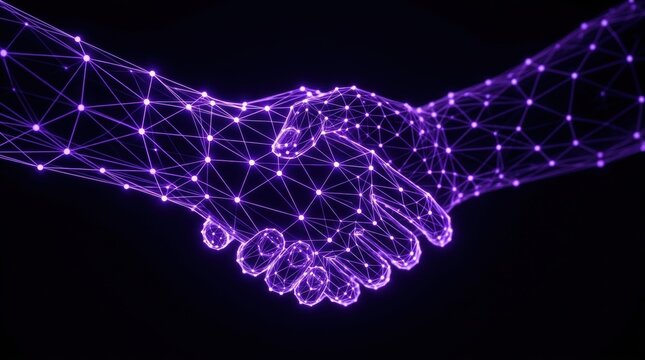 Two hands shaking symbolizing handshake background between a human hand and glowing digital