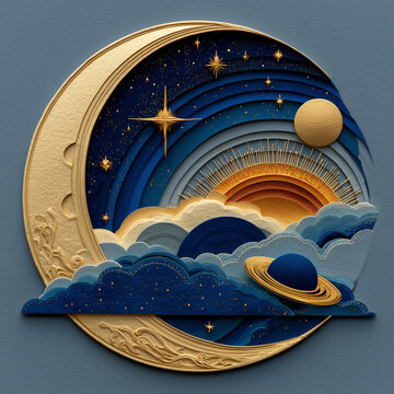 Gorgeous paper cut art of cosmic sun rising over clouds in crescent moon frame, 초승달 모양 프레임 속 구름과 우주 파도 위로 떠오르는 태양 종이 절단 아트 일러스트