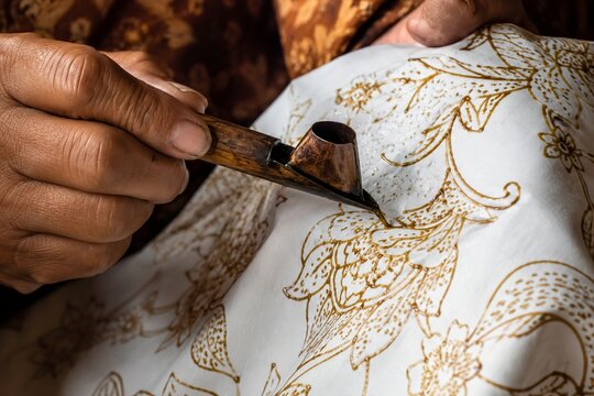 Artisan Hands Drawing Floral Batik Wax Pattern with Canting on White Fabric, Javanese Indonesia