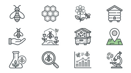 Fototapeta premium Bee, honey, and beekeeping line art icon set.