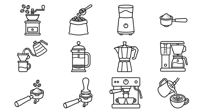 Coffee brewing equipment and espresso machine line icons