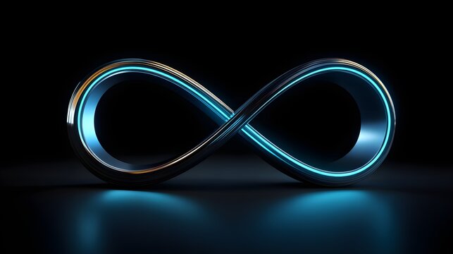 Glowing blue infinity loop with metallic sheen on dark background with background subtle reflections sheen set with technology, abstract,