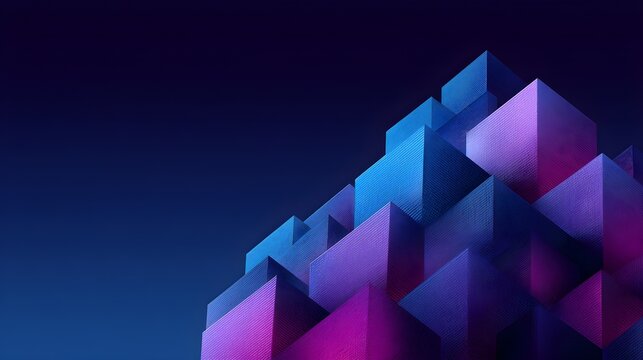 Symmetrical 3d cube stack with gradient colors rising against dark blue background with stack 3d cubes various shades blue purple purple arranged symmetrically