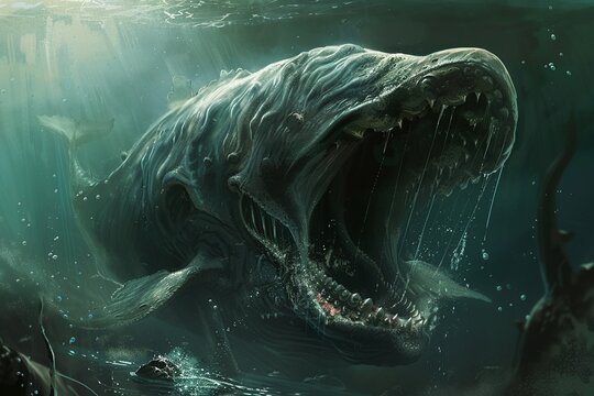 Scary sea monster in dark depths of deep blue ocean