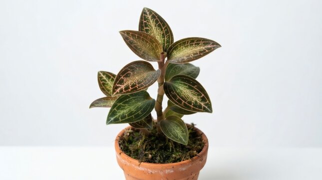 Macodes petola, a rare jewel orchid with striking golden leaf veins in a small terracotta pot on a white surface