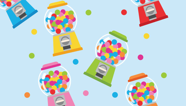 Vibrant pattern of colorful gumball machines and individual floating gum balls against a light blue backdrop.