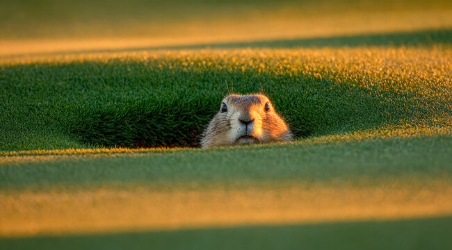 A groundhog in a hole on a golf course. Mute guardian monitors lively and vivid landscape. Quiet protector surveys bustling bright scenes with careful attention and keen