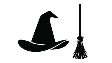 Helloween Black witch hat, broomstick vector icon, Halloween symbol, magic silhouette Vector © MST