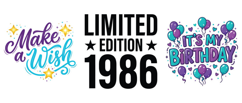 Make a wish limited edition 1986 and its my birthday typography designs for t-shirt prints