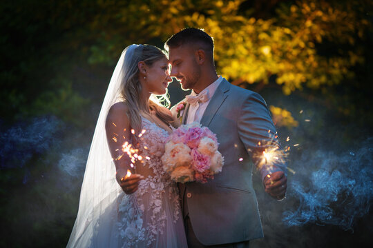 happy, laughing bride and groom at the wedding. Celebrate an emotional wedding.
