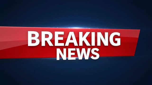 Breaking News animated title banner with bold white text on a glossy red ribbon over a dark blue background. Ideal as a TV news intro, broadcast opener, headline announcement, or current affairs motio