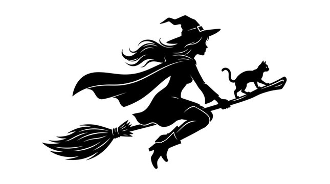 Helloween Black silhouette witch flying on broomstick with cat, Halloween vector icon, spooky minimalist design, witchcraft symbol Vector