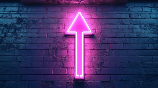 Neon pink arrow points upwards against dark textured background. Bright vibrant light creates contrast. Modern design element for urban nightlife settings. Stylish graphic art piece. Illuminated sign