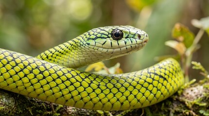 Fototapeta premium A green snake is curled on a mossy surface in the forest looking right.