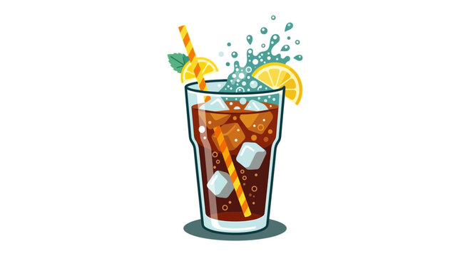 Summer iced tea with lemon slices and splashing ice cubes in a glass