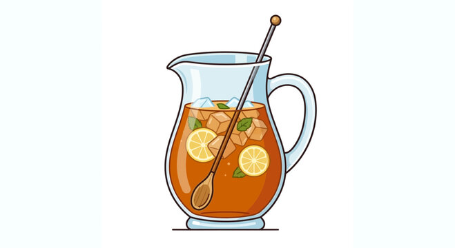 Summer iced tea pitcher with fresh lemon slices and ice cubes
