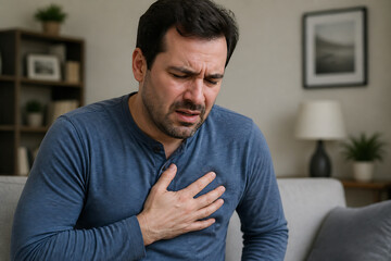 Fototapeta premium A middle-aged man in a blue shirt clutching his chest while looking distressed indoors.