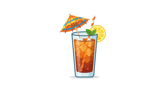 Summer iced tea in a glass with lemon slice and colorful umbrella