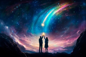 Fototapeta premium Couple making a wish together as a shooting star lights up the night sky in a stunning cosmic display