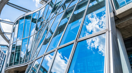 Obraz premium Modern futuristic glass building facade reflecting bright blue sky featuring beautiful white clouds showing contemporary corporate architectural design abstract urban background
