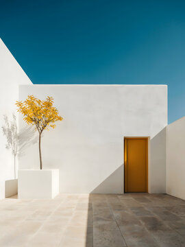 Minimalist courtyard with yellow door and tree