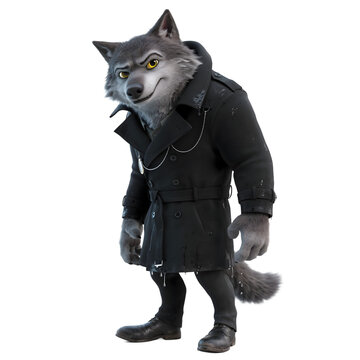 Cartoon Wolf Character: A stylized wolf character, dressed in a dark trench coat and boots, with sharp yellow eyes and a sly grin, stands with a confident stance.