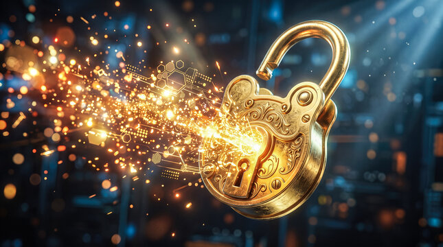 Ornate vintage golden padlock bursting open glowing magical sparks digital cyber data background unlocking potential security breach finding treasure concept