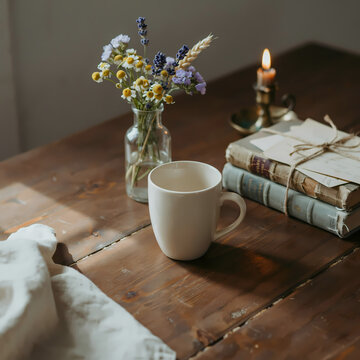 Quiet Morning Ritual: A ceramic mug sits beside a small vase of wildflowers and a stack of old books, illuminated by the gentle flicker of a burning candle.
