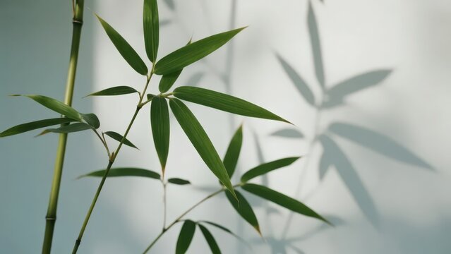 Green bamboo stalks and leaves against pure white wall with dappled shadows, elegant new Chinese style green plant still life photography material