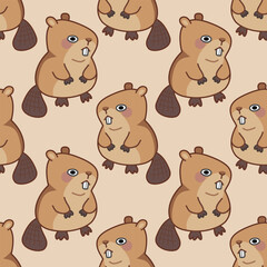 Chubby baby beaver seamless pattern, cute cartoon woodland animal repetitive background on light brown © Nathapong