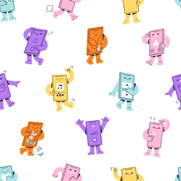 Repeatable pattern of cute colourful smartphones in different poses. Endless background of happy and sad mobile phones, telephone characters greeting, dancing. Flat seamless vector illustration