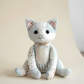 Patchwork Kitten Toy: A charming handmade toy cat, crafted from a patchwork of soft fabrics in gentle pastel tones, sits patiently, ready to be a beloved companion.