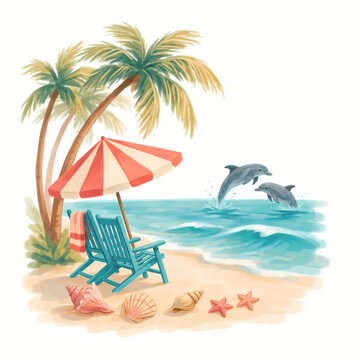 Tropical Beach Paradise: A serene tropical beach scene features two playful dolphins leaping from the turquoise ocean waves.