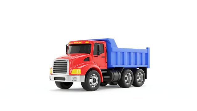 Red and blue toy truck with large wheels on white background for children play