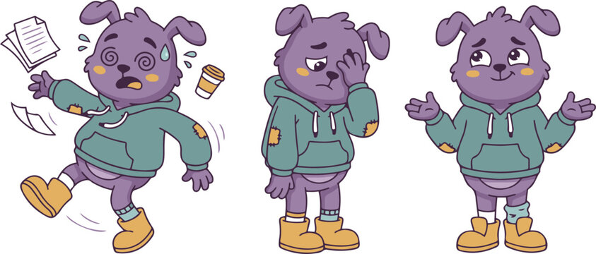 Cute cartoon purple dog mascot character showing clumsy, worried, and confused expressions in colorful flat vector illustration isolated on white background.