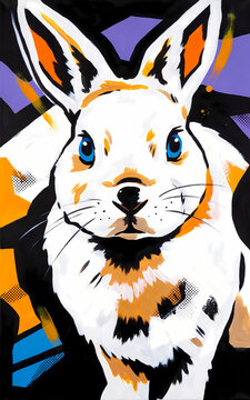 Vibrant Rabbit Portrait: A striking artistic rendition of a white rabbit, its blue eyes and distinctive markings brought to life with bold, colorful brushstrokes and abstract background elements.