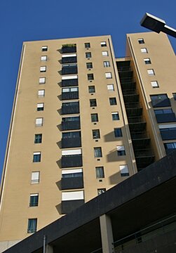 Modern apartment building facade under clear blue sky. Norte - Portugal