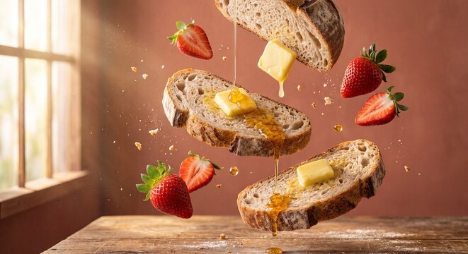 Levitating sourdough bread slices with melting butter, fresh strawberries, and dripping honey in a warm sunlit kitchen