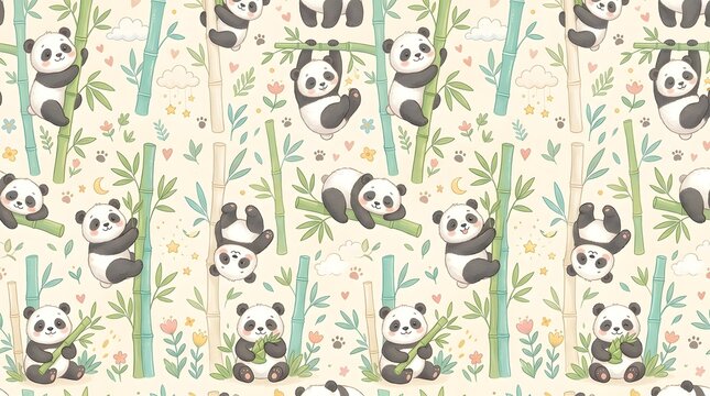 Seamless pattern with cute panda bears and bamboo forest illustration.