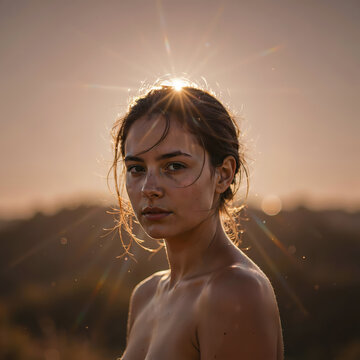 Golden Hour Glow: A young woman with windswept hair is illuminated by the warm, golden light of sunset, creating a serene and ethereal portrait.
