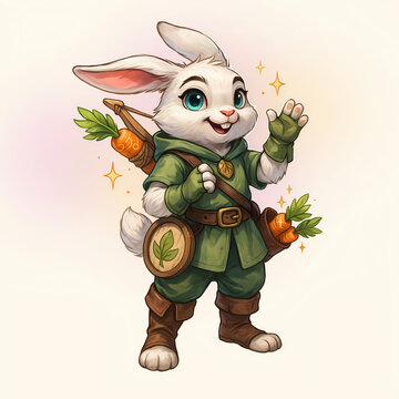 Adventure Rabbit Archer: A cute and whimsical anthropomorphic rabbit dressed as an archer, complete with a quiver of carrots and a determined look, ready for an epic quest.