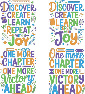 Colorful educational phrases with school supplies on white background  inspirational quotes for learning and motivation  colorful text and icons