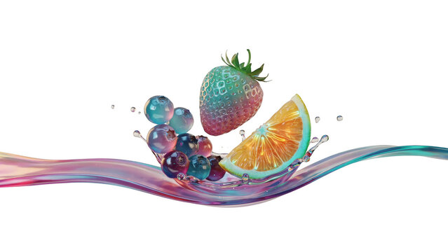 A surreal holographic fruit arrangement featuring a strawberry, orange slice, and blueberries with iridescent liquid waves on black background