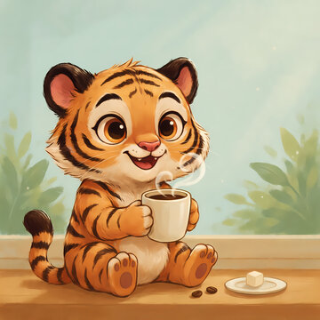 Cute Tiger Cub Enjoying Coffee: An adorable cartoon tiger cub sits by a window, holding a steaming mug of coffee and looking content, with hints of greenery outside.