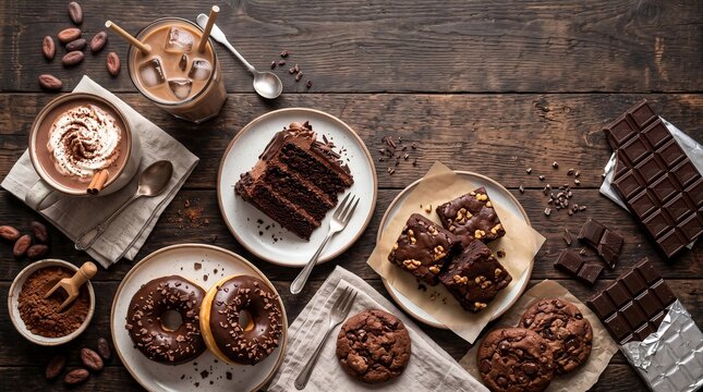 A variety of chocolate desserts and drinks on a wooden table with coffee